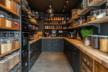 Organized kitchen pantry with modern storage solutions and natural wood accents in a stylish home setting