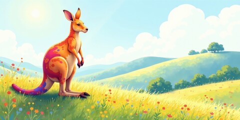 Naklejka premium A vibrant kangaroo, adorned with colorful splashes, stands majestically in a sun-drenched meadow, overlooking rolling hills and a bright, clear sky.