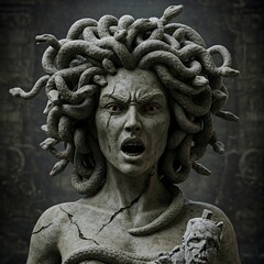 Obraz premium A fearsome gorgon, sculpted from stone and adorned with snakes for hair, turning anyone who looks into stone. 