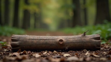Fototapeta premium A weathered log rests on a forest path amidst fallen leaves, a tranquil scene of nature's quiet beauty.
