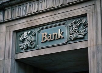Obraz premium Bank entrance with decorative architecture in a bustling city