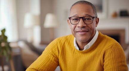 Naklejka premium Smiling man in cozy sweater at home during daytime