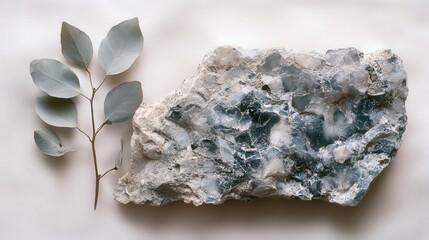 Natural Stone with Blue Veins and Dry Leaves on White Background