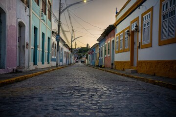 Colorful colonial street at dusk.