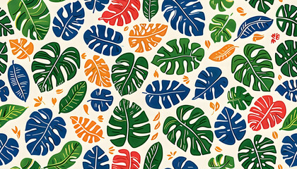 A vibrant pattern of tropical leaves in various colors on a light background.