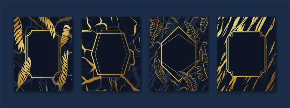 Gold frame background. Luxury golden card. Leaf line pattern for birthday party. Wedding premium decoration. Tropical palm leaves. Geometric marble texture. Vector abstract fashion garish banners set