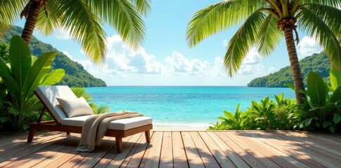 Serene Tropical Beach Escape Luxurious Chaise Lounge on Wooden Deck Overlooking Turquoise Ocean and Lush Greenery