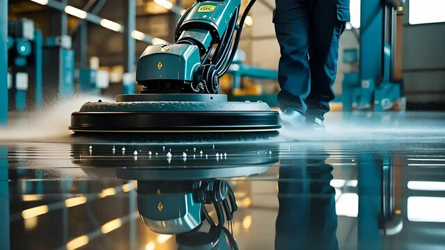 Industrial Floor Cleaning with High-Powered Polishing Machine in a Large Facility Creating a Shiny Reflective Surface

