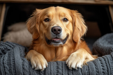 Golden retriever relaxing on a cozy blanket in a warm indoor setting during a sunny afternoon