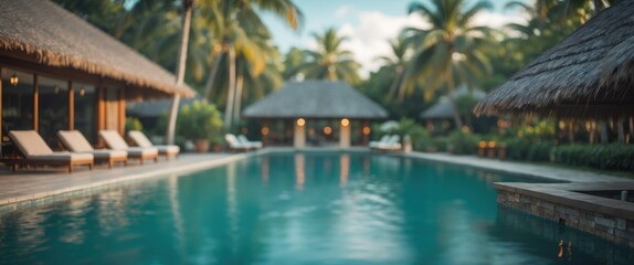 Obraz premium Luxury resort pool surrounded by tropical palm trees with thatched roof villas and lounging chairs. Copy Space