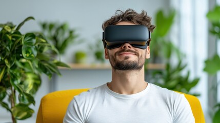 Woman wearing virtual reality headset practicing yoga or pilates exercise in a modern home studio environment surrounded by green plants creating a relaxing and immersive wellness experience