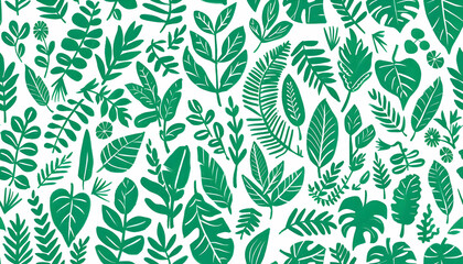 A vibrant pattern of various green leaves and foliage illustrations.
