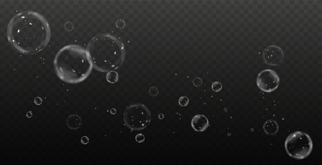 collection of glossy, three-dimensional soap bubbles floating in the air. Transparent and realistic with a clean, underwater look. Perfect for fresh, decorative, and abstract vector designs