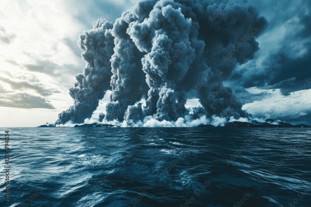 Wall mural dramatic image of a volcanic eruption with waves crashing against the shore, creating an apocalyptic