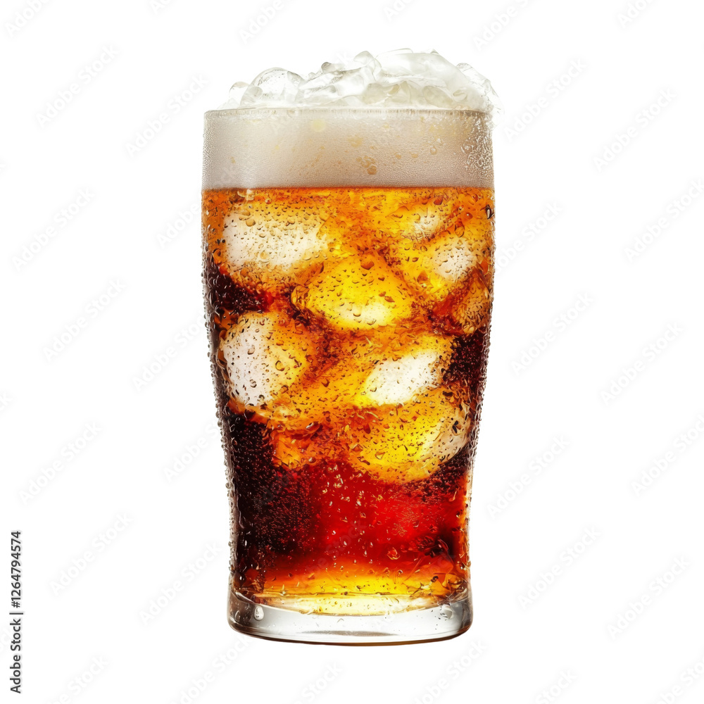 Poster refreshing cold beverage in glass with ice and foam on top