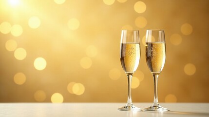 Sparkling Celebration Two Elegant Champagne Flutes Filled with Bubbly Golden Liquid Against a Shimmering Golden Background