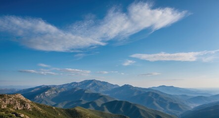 Mountain landscape under a clear blue sky with scattered clouds and valleys in the foreground Copy Space