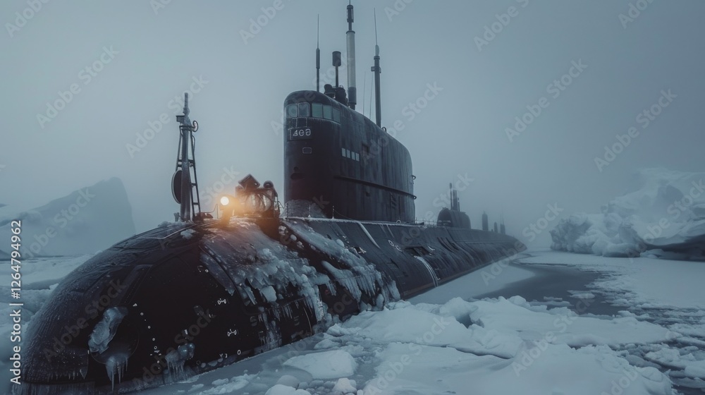 Poster crew members on a submarine are gearing up to explore icy waters in a foggy arctic environment. ice 