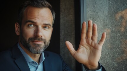 Handsome man in suit waving goodbye, smiling warmly.