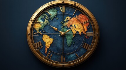 Obraz premium Vintage World Map Clock Design with Decorative Roman Numerals
