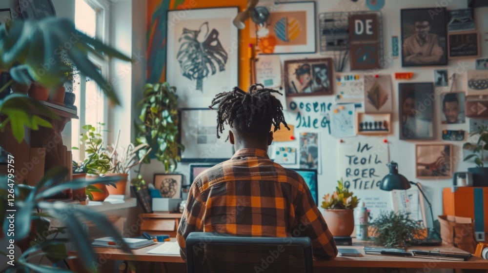 Poster individual is focused on creative tasks in a vibrant workspace adorned with plants and various artwo