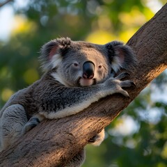 Obraz premium Sleepy Koala Resting on Eucalyptus Branch, Australian Wildlife Sanctuary, Golden Hour