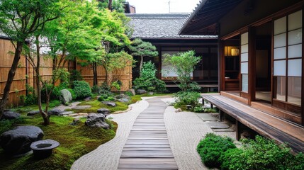 Traditional japanese garden with wooden pathway and meticulously raked gravel