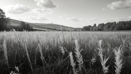 Black and white landscape of tall grass in a field with distant hills and trees under a cloudy sky with Copy Space