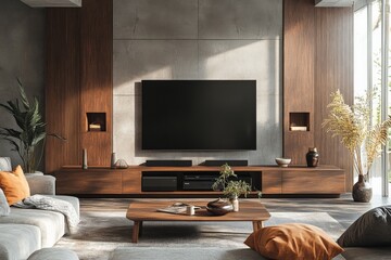Modern living room with wooden accents and a large television in a bright space filled with natural light