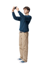 Teenager taking pictures with his smartphone