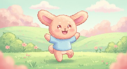 Fototapeta premium Joyful Cartoon Bunny Character Playing in a Whimsical Pastel Landscape