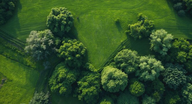 Aerial view of lush green landscape with diverse trees and vibrant foliage in a rural setting, natural patterns and textures visible