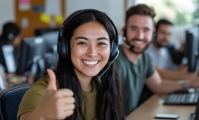 Smiling agent thumbs-up, call center, teamwork, office