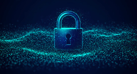 Cybersecurity icon featuring a blue padlock against a dark backdrop, generative ai