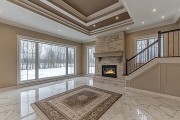 Elegant living room with fireplace and large windows overlooking snowy landscape