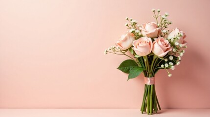 Fototapeta premium A delicate blush pink rose bouquet tied with a ribbon, nestled against a soft pink background, perfect for romantic celebrations or heartfelt expressions of affection.