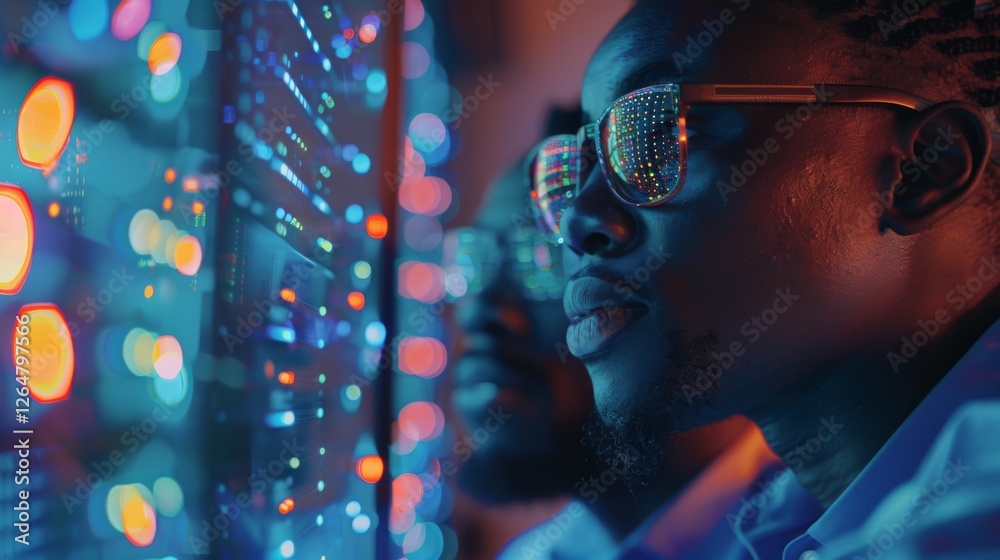 Poster Two tech professionals intently examine data displayed on screens illuminated with vibrant lights during a late night work session at a contemporary office.