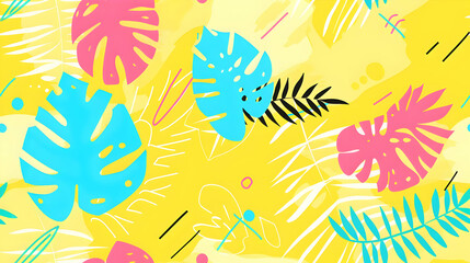 Obraz premium A vibrant tropical pattern featuring colorful leaves on a bright yellow background.
