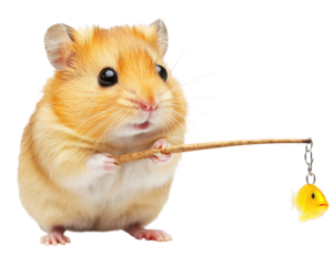 hamster holding tiny fishing rod, looking for fish with playful expression. This adorable scene captures whimsical charm of small pet engaging in fun activity
