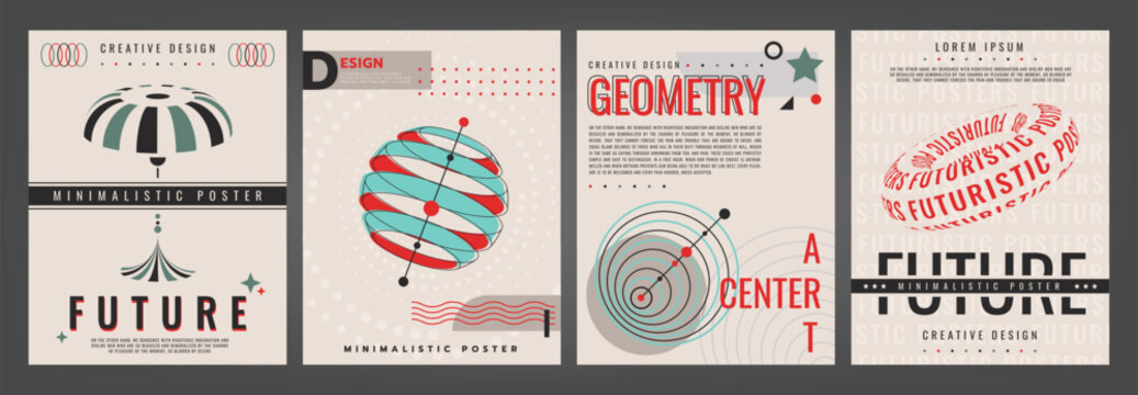 Geometric poster. Typography background. Abstract graphic shapes. Minimalism design card. Brutalism art brochure. Torus and concentric circles. Futuristic banners paper template. Vector flyers set