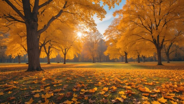 Autumn landscape with vibrant orange and yellow trees illuminated by sunlight and fallen leaves on the ground Copy Space - Powered by Adobe