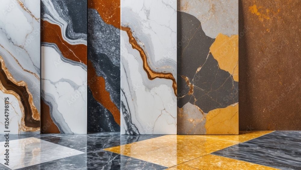 Poster variety of marble stone slabs with different patterns textures and colors displayed vertically on a 