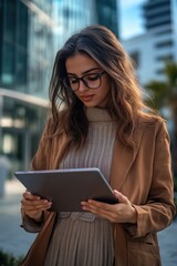 Fototapeta premium Woman in glasses holding tablet, outdoors, blurred background