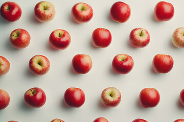 Multiple apple varieties arranged in symmetrical composition against gradient white background, soft shadows, vibrant colors, fresh details, ideal for food photography modern design themes