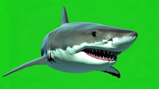 Shark on green background. 4 k. Big white shark Megalodon with huge jaw and teeth, 3 d rendering, animation. Portrait, close-up