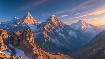 Majestic mountain range at sunset with dramatic peaks and valleys under a cloudy sky in a natural landscape setting with Copy Space