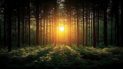 Naklejka premium Sunlight filtering through tall trees in a forest.