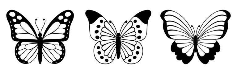 Set of butterfly black silhouettes line illustration isolated on white background. Vector illustration.