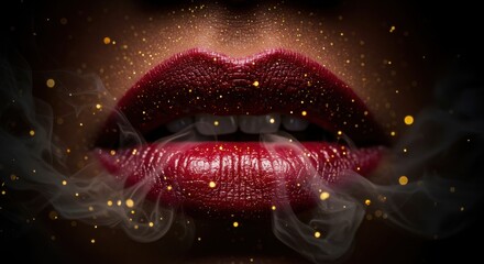 Sensual Red Lips with Glitter and Smoke against a Dark Backdrop