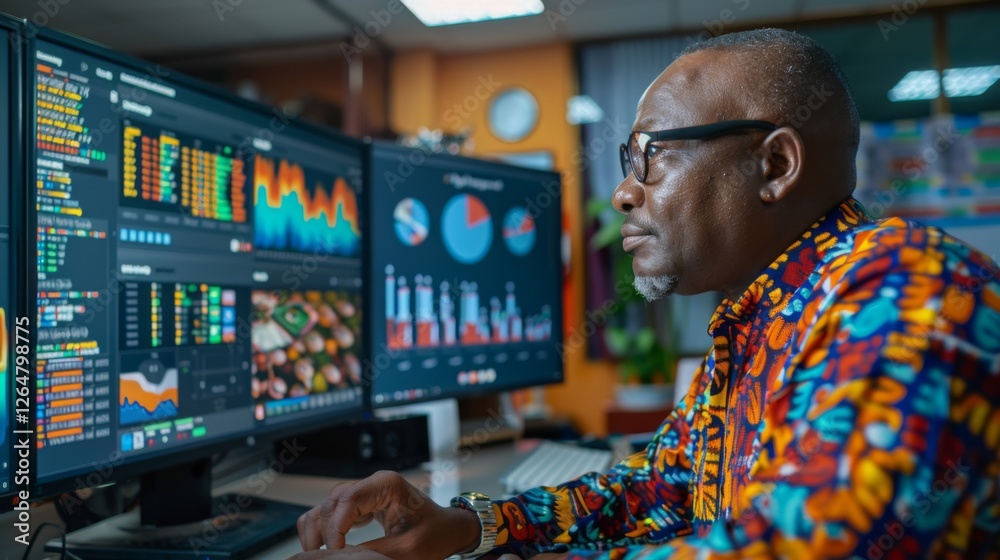 Poster Focused individual in a colorful shirt examines multiple screens displaying financial data and market analysis in a busy office environment during work hours